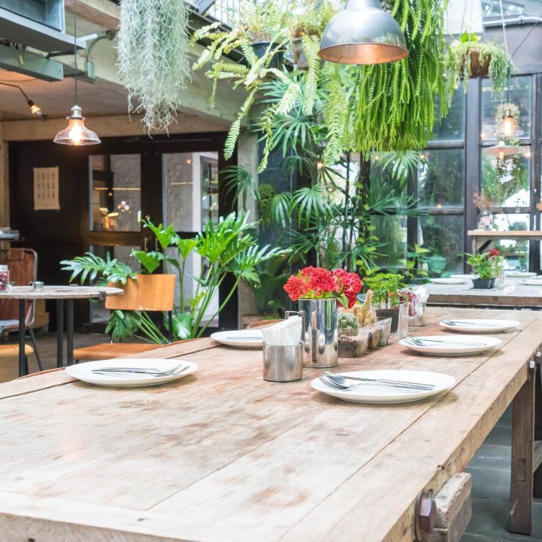 Restaurant & Bar Interior Design Restaurant interior with dining tables and hanging greenery